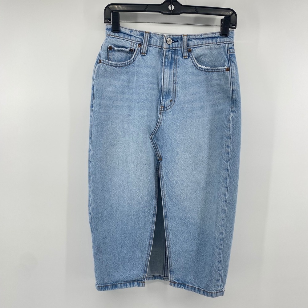 Abercrombie & Fitch Denim Midi Skirt Women 25 0P Light Blue High Rise Front Slit